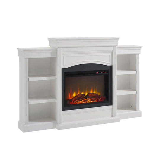 Ameriwood Home Lamont 69 Inch Electric Fireplace with Mantel, Shelves, Replaceable Fireplace Insert Heater, Remote Control, Timer, Realistic Log and Flame Effect, For Living Room or Bedroom, White