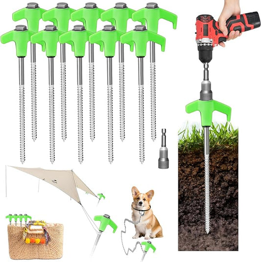 8" Screw in Tent Stakes 12PCS - Ground Anchors Screw - Screw in Tent Stakes Heavy Duty- Tent Pegs Camping Stakes - Hex Pegs Drillable Tent Stakes and Hexagon Head Drive and Storage Box (Green)