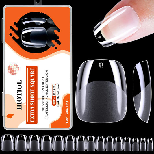 Hiotiol Extra Short Square Nail Tips, 360Pcs Soft Gel Full Cover Nail Tips For Soak Off Nail Extensions, Half Matte Clear False