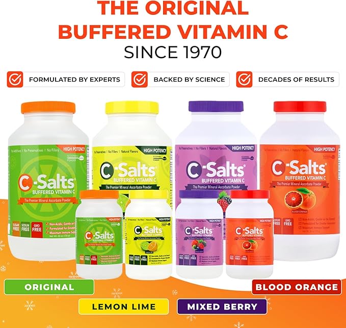 C-Salts Original Vitamin C Powder Supplement - 100% Pure High Dose Buffered Vitamin C Powder for Immune Support - Sugar-Free Powdered Drink Ascorbate, Organic, Stomach-Friendly, Blood Orange 26oz