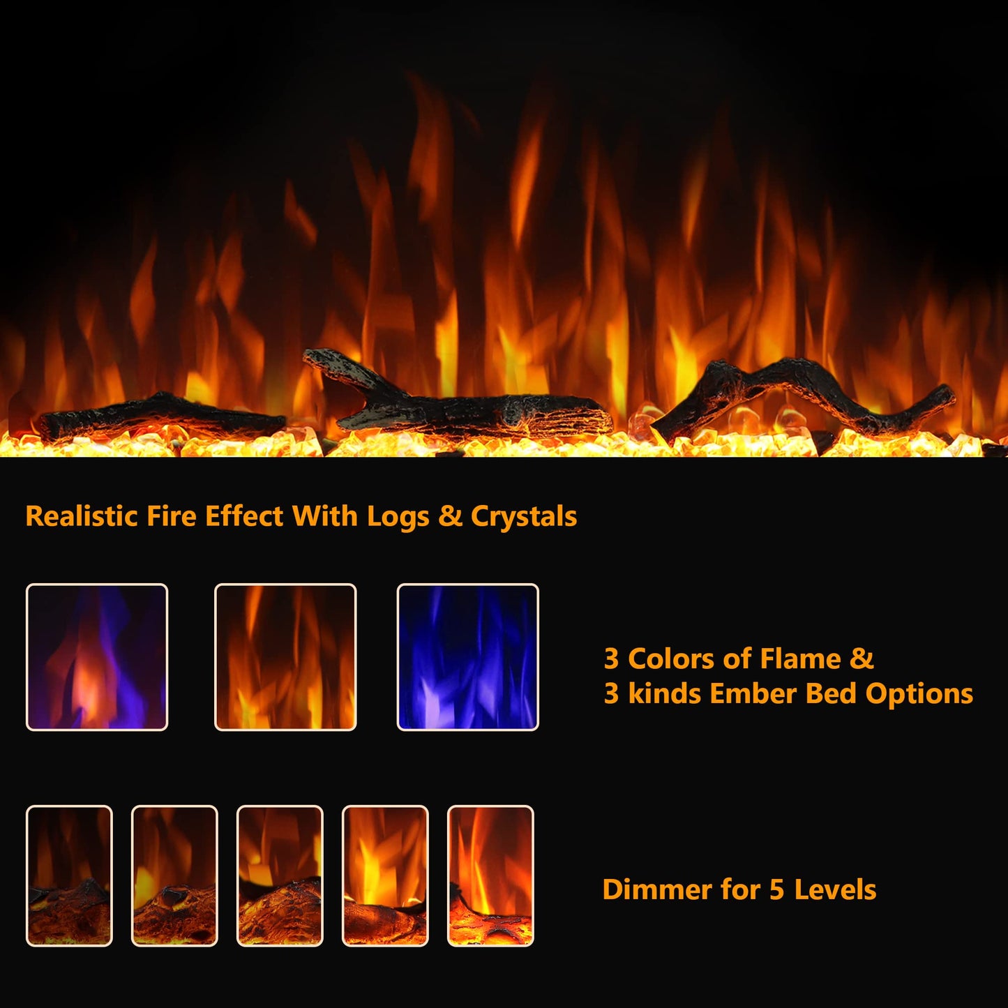 Dreamflame Electric Fireplace 40 inch Wide 26.5" High, Wall-Mounted & Recessed Fireplace Inserts, Multicolor Flame w/5 Dimmer, Remote Control Thermostat, Timer, Hardwire Connect, 1500W,Black