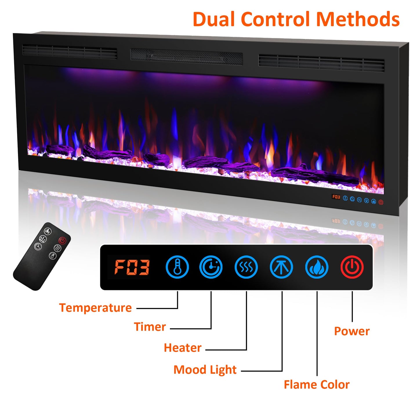 60 inches Electric Fireplace, Recessed and Wall Mounted Fireplace Heater and Linear Fireplace Inserts, with Timer, Remote Control, Adjustable Flame & Light Colors, 750W/1500W, Black