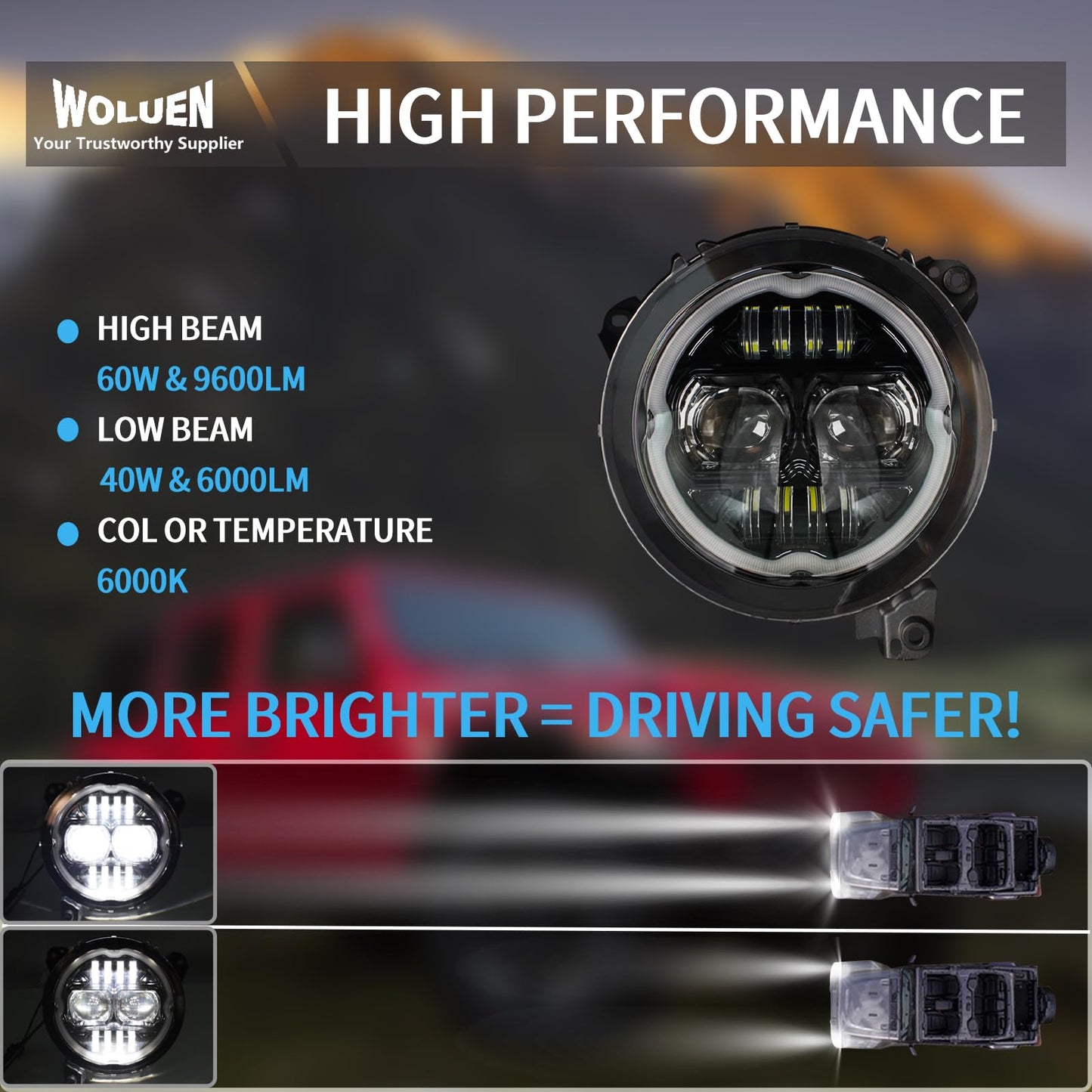 Woluen 9 Inch LED Headlights with Chasing RGB Halos - Fit for 2018+ Wrangler JL and 2020+ Gladiator JT Headlight Replacement with APP Controlled Chasing RGB Halos