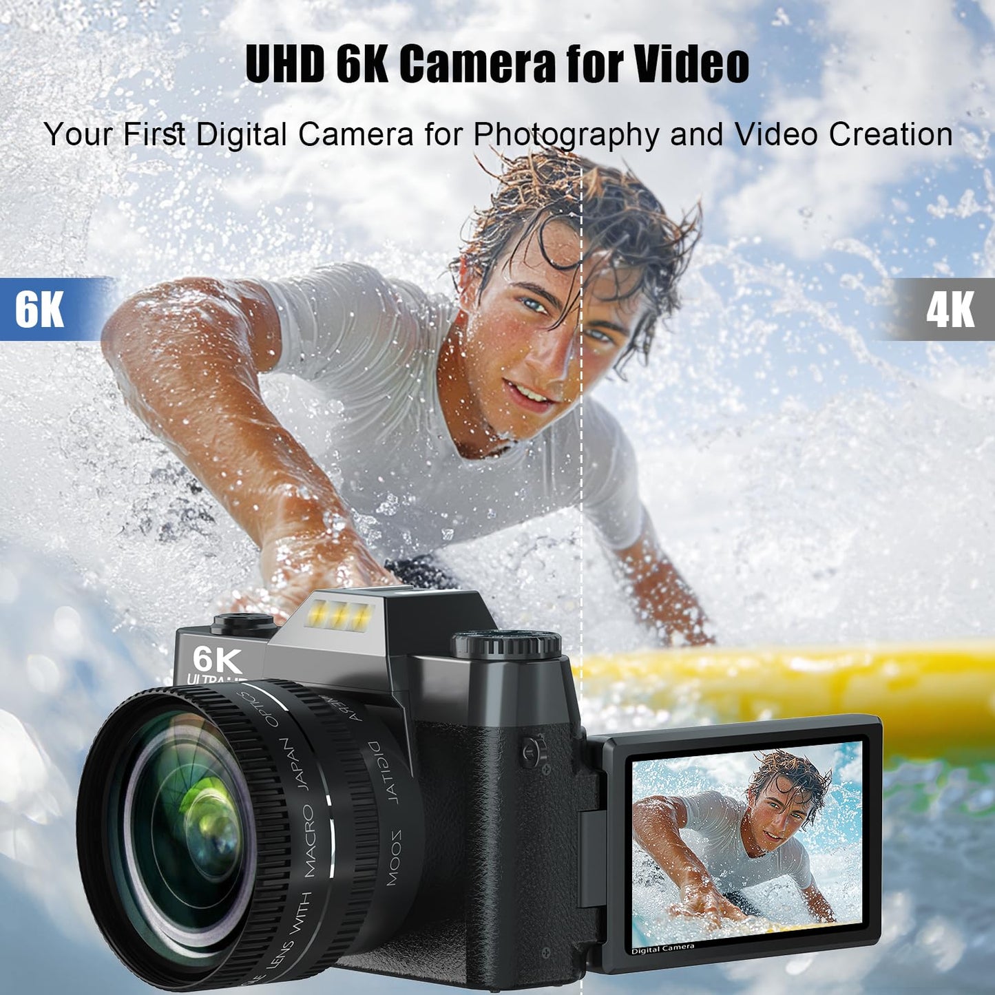 6K Digital Camera for Photography, 64MP Vlogging Camera for YouTube with 3" 180° Flip Screen, 16X Zoom Autofocus Compact Travel Beauty Cameras for Teens, with 32GB Micro SD Card