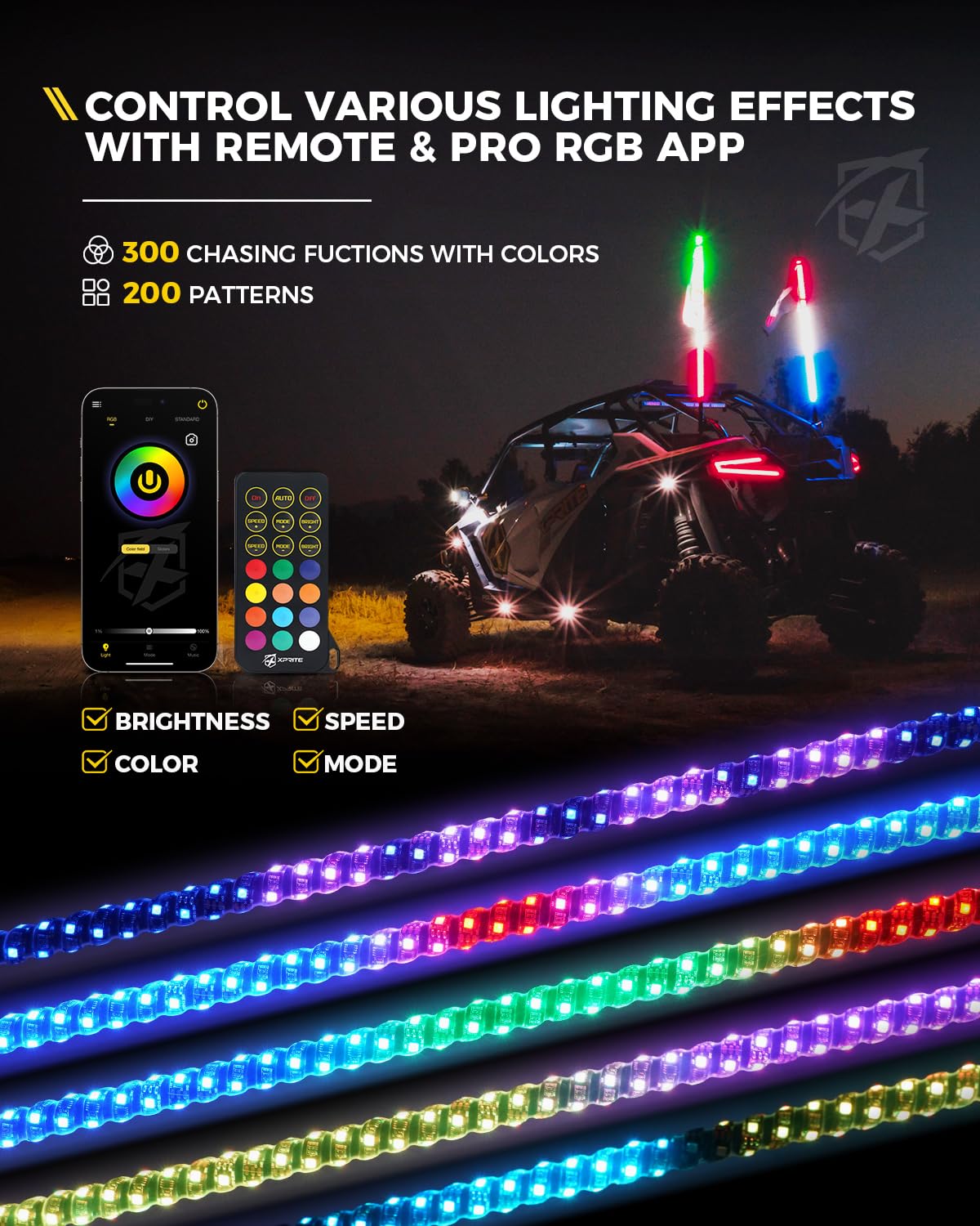 Xprite 2PC 4FT Spiral RGB LED Whip Light with Spring Base, App & Remote Control Stop Turn Reverse Brake Lights Chasing Antenna Lighted Whips, Compatible with SXS ATV UTV Polaris RZR Can-am Jeep