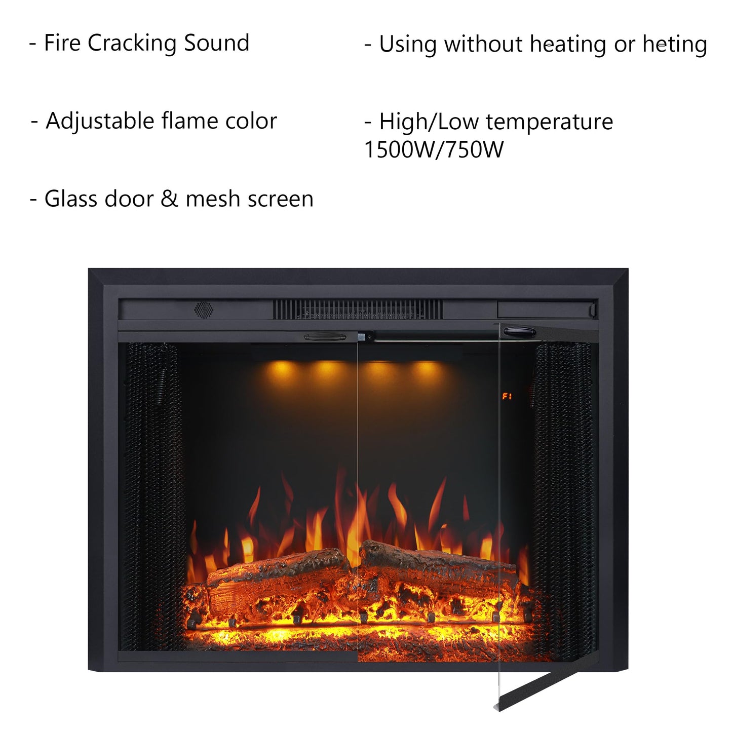 Valuxhome 35.63” W 27.5" H Electric Fireplace Insert with Low/High Temperature Settings, Movable Mesh Screen and Glass Door, 1-9H Timer, Remote and Panel Control
