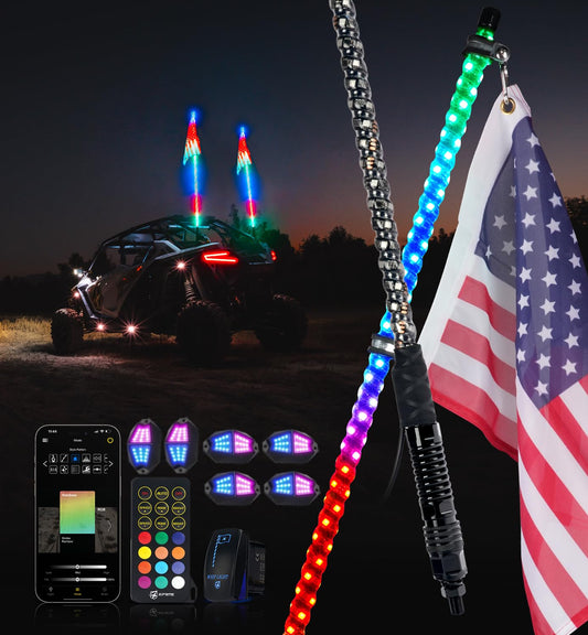 Xprite 2PC 5FT LED Whip Lights and 6 Pods RGB Rock Lights Kit w/Bluetooth App & Remote Control, Wide Angle Rock Light for Trucks and Spiral LED Light Whips for Side by Side w/Stop/Signal/Reverse Mode