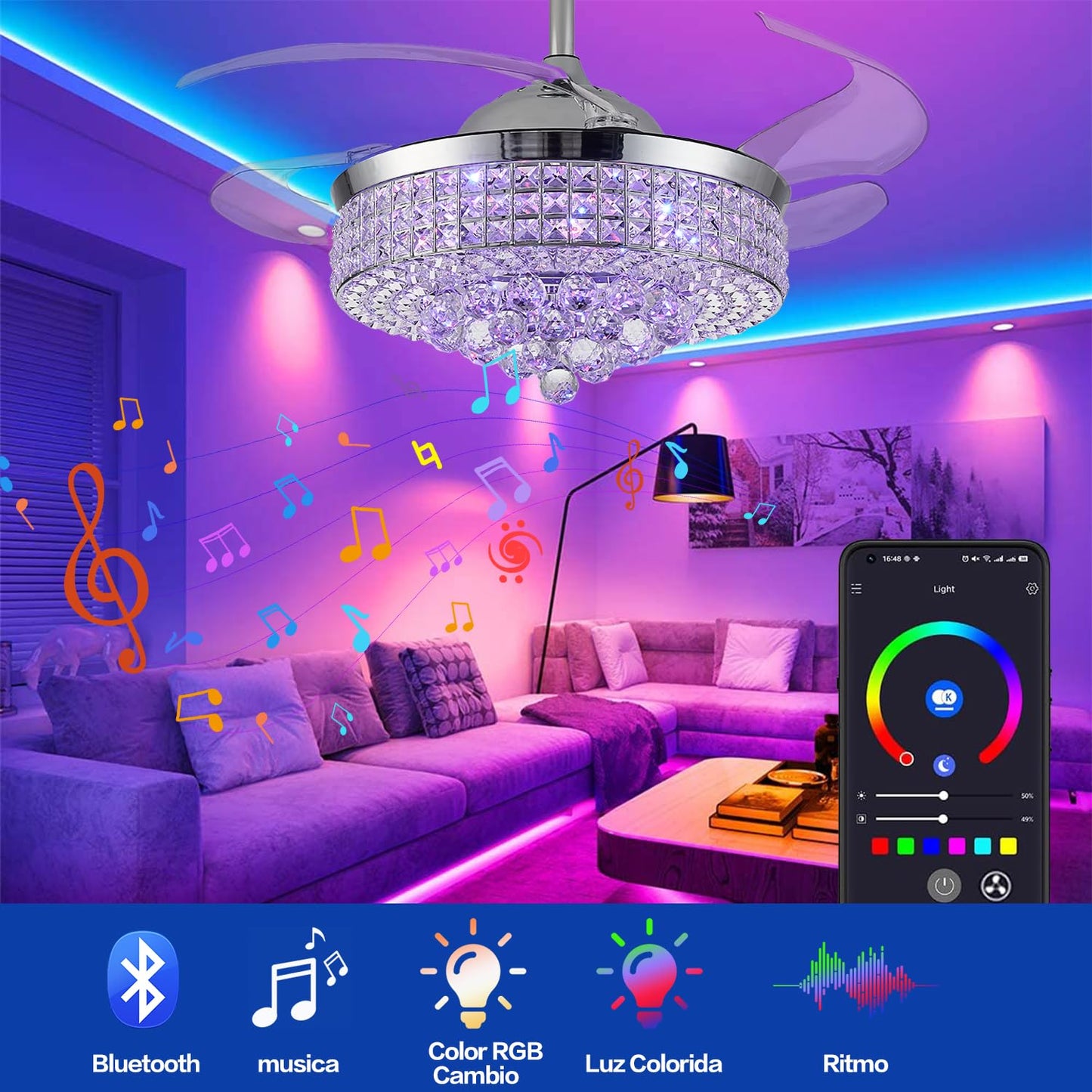 Zynfandor 42” Bluetooth Ceiling Fan with Light and Speaker,RGB Retractable Blades Crystal Fandelier Music Player LED Chandelier 6-Speed APP Control Timer Remote Control for Bedroom Silver