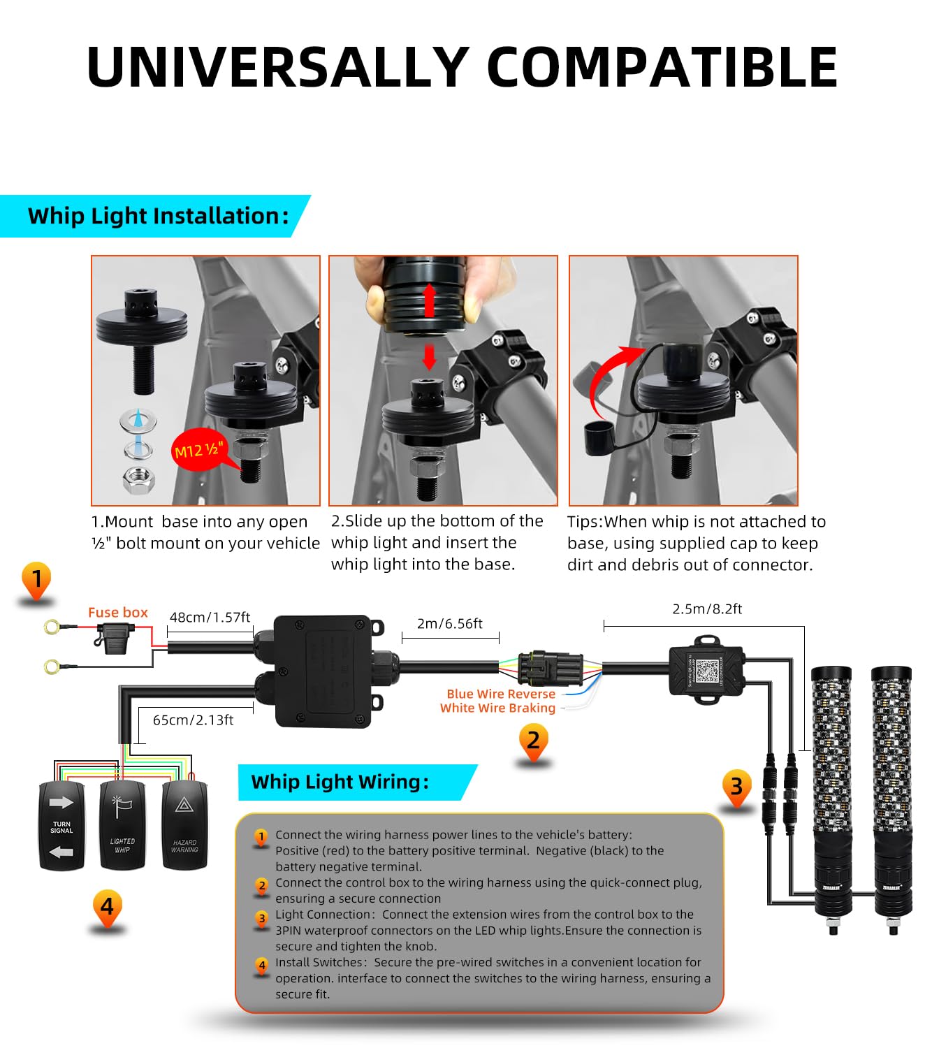 ZIMABLUE 2PC 1FT Fat Whip Lights for Side by Side, App & Remote Control RGB Chasing Light Whip with 3 Switchs for ATV UTV Dune Buggy Truck,LED Whip Light Compatible with Polaris RZR Can-Am Maverick X3