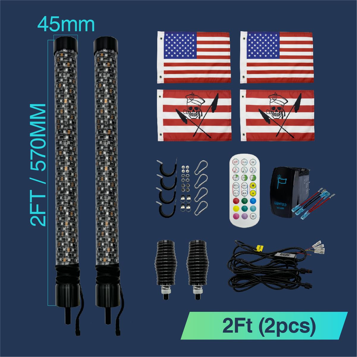 2 Pack 2ft LED Fat Whip Lights, UTV Whip Lights with App & Remote Control, Rocker Switch, Spring Base, Brighter Spiral RGB Chasing Lighted Antenna Whips for Side by Side ATV Can-Am SXS Truck Polaris