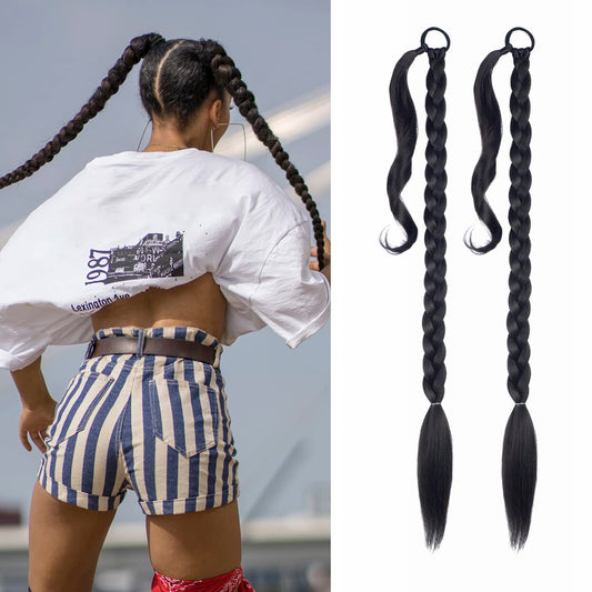 2 Pack Long DIY Braided Ponytail Extension with Hair Tie Straight Wrap Around Hair Extensions Ponytail(2#)