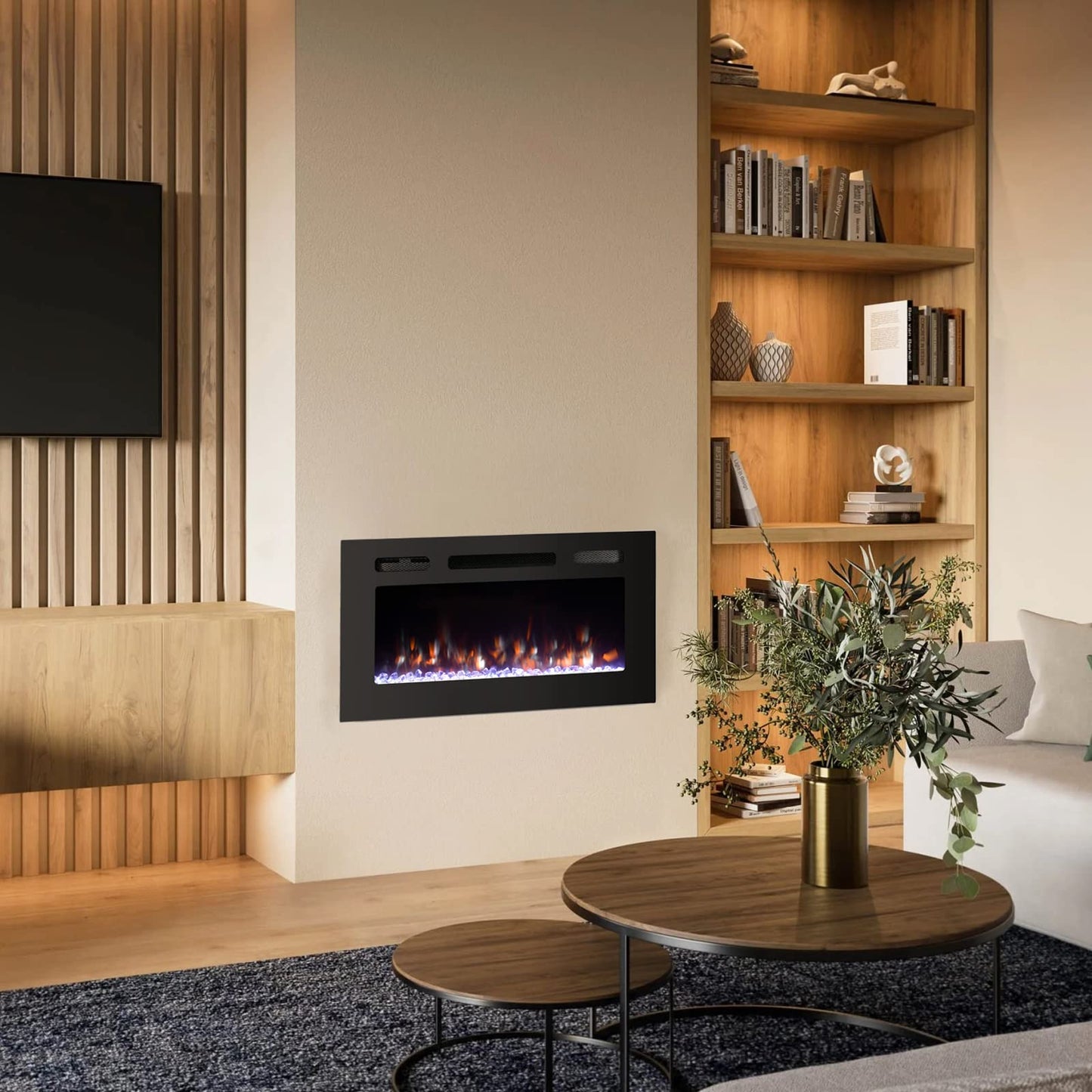 Cozy Daisy Electric Fireplace Heater,Wall Mounted and in-Wall Recessed,with Touch Screen, Realistic 12 Color Flame, Remote Controller/Log & Crystal Hearth Options,750W-1500W,Black (30 inch)