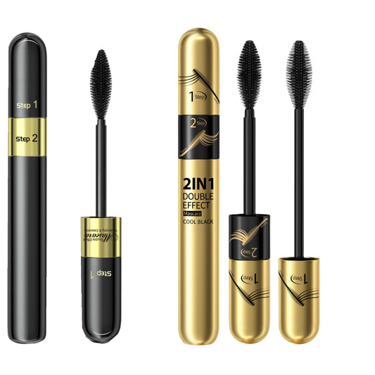 2 in 1 Double Black 4D tubing Mascara Volume and Length， Silk Fiber Lash Liquid Extension 5X Longer, Smudge Proof Waterproof and Sweat Resistant Fuller Mascara (Gold & Green)