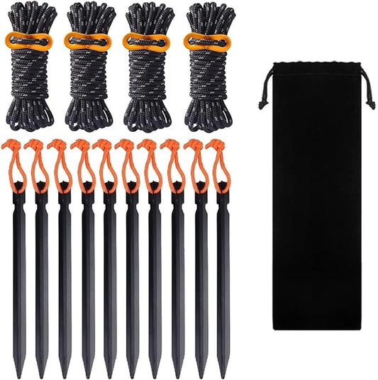 Tent Stakes Heavy Duty,Metal Tent Stakes,Aluminum Tent Pegs with Refective Tent Cords,Yard Stakes,Groud Stakes,Stakes for Inflatables&Camping&Ground-14Pack-Black