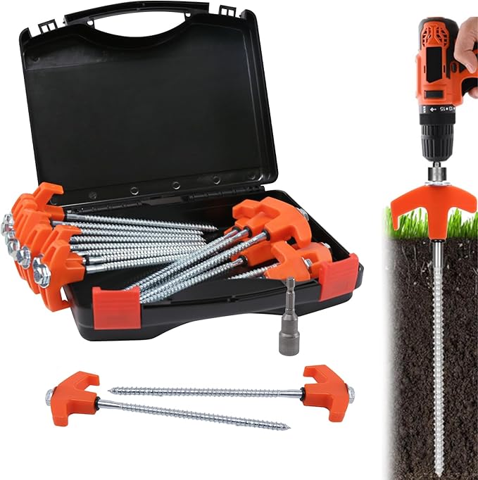 16 Pack Tent Stakes Heavy Duty, 8" Screw in Tent Stakes, 2024 New Tent Stakes for Outdoor Camping, Metal Threaded Tent Spikes with Hex Head Driver and Storage Box