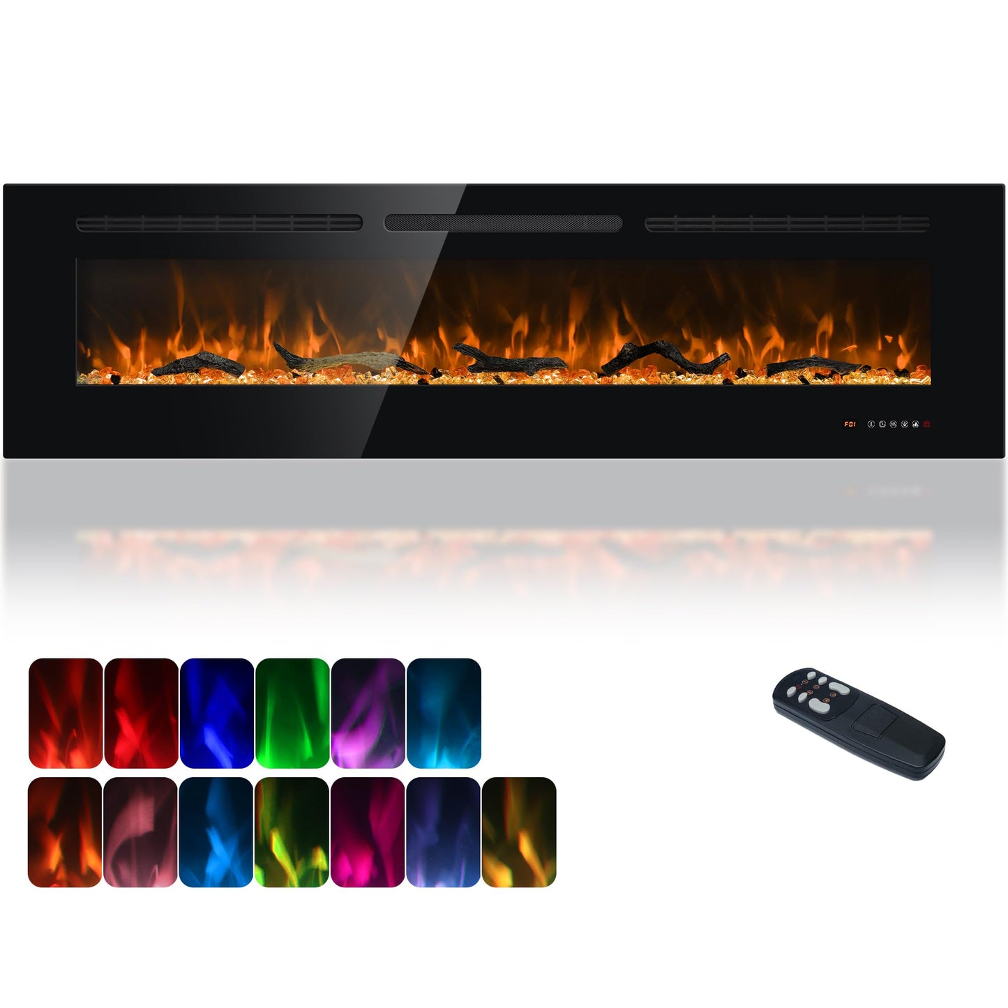 Carsynflame Electric Fireplace 65 in, Wall Mounted & Recessed Electric Fireplace Inserts, Remote & Touch Screen Control, 169 Flame Color Combinations, Timer& Thermostat Fireplace Heater, 1500W, Black