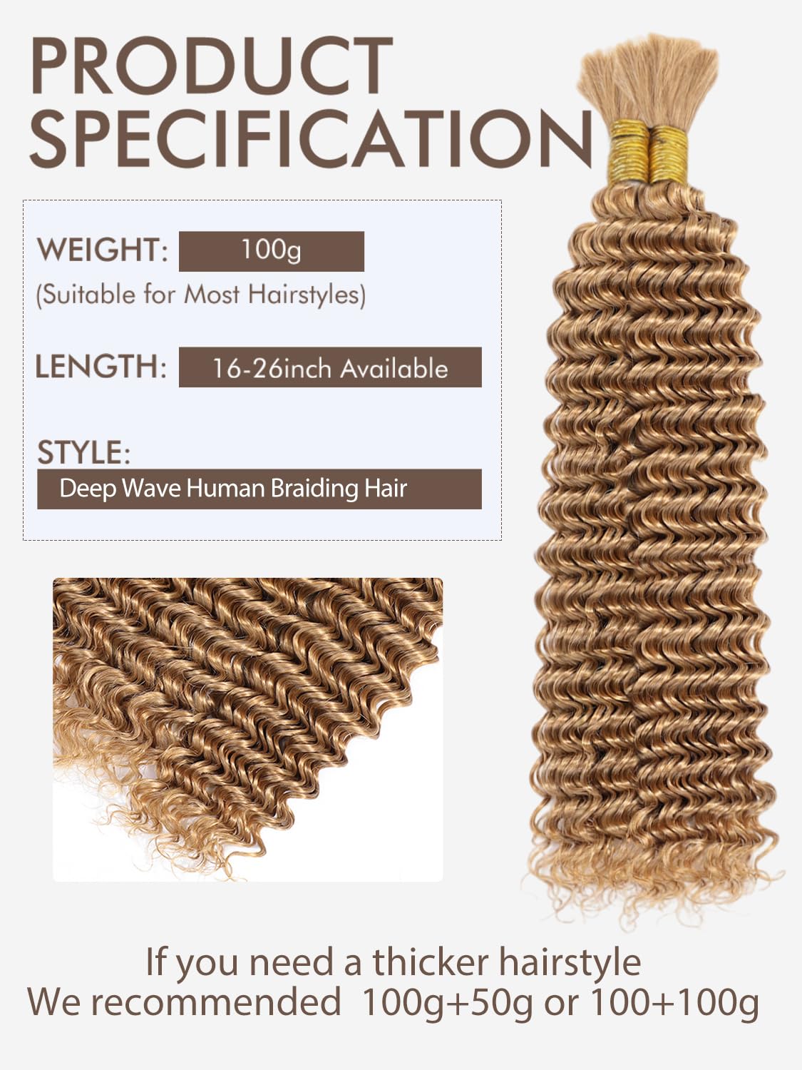 Blonde Human Braiding Hair 16 Inch Deep Water Wave 2 Bundle Bulk Brazilian Virgin Curly for Boho Braids Wet and Wavy Color 27 Honey Blonde 100g