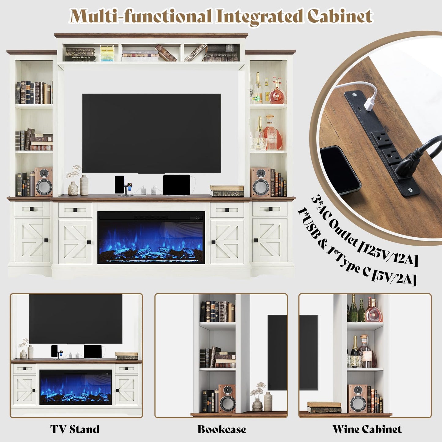 AMERLIFE 98in Farmhouse Entertainment Center with 36" Fireplace, TV Stand, Bookshelf, Wine Cabinet, Fits 78" TVs, Wall Unit Media Console with Power Outlets & Barn Doors, Living Room, Off-White