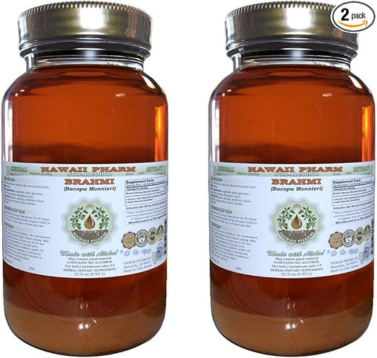 Brahmi Alcohol-Free Liquid Extract, Organic Brahmi Liquid (Bacopa Monnieri) Whole Herb Dried Glycerite Hawaii Pharm Natural Herbal Supplement 2x32 oz Unfiltered