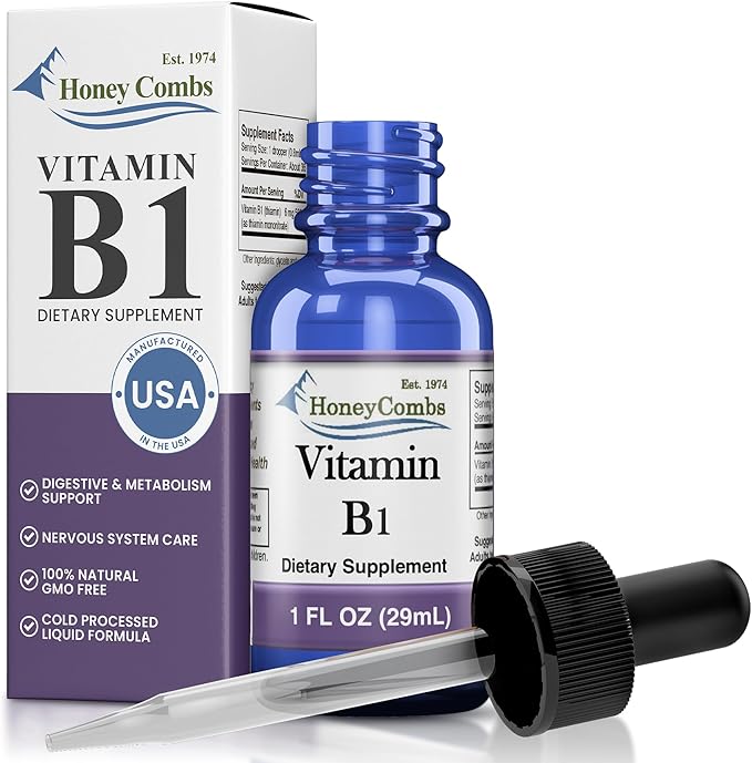 HoneyCombs Vitamin B1 Supplement (Thiamine) Liquid Drops - High Potency Thiamine B1 Supplement for Men & Women - Maintain Nervous System, Energy & Overall Health - Vegan Liquid B Vitamins (1 Fl oz)
