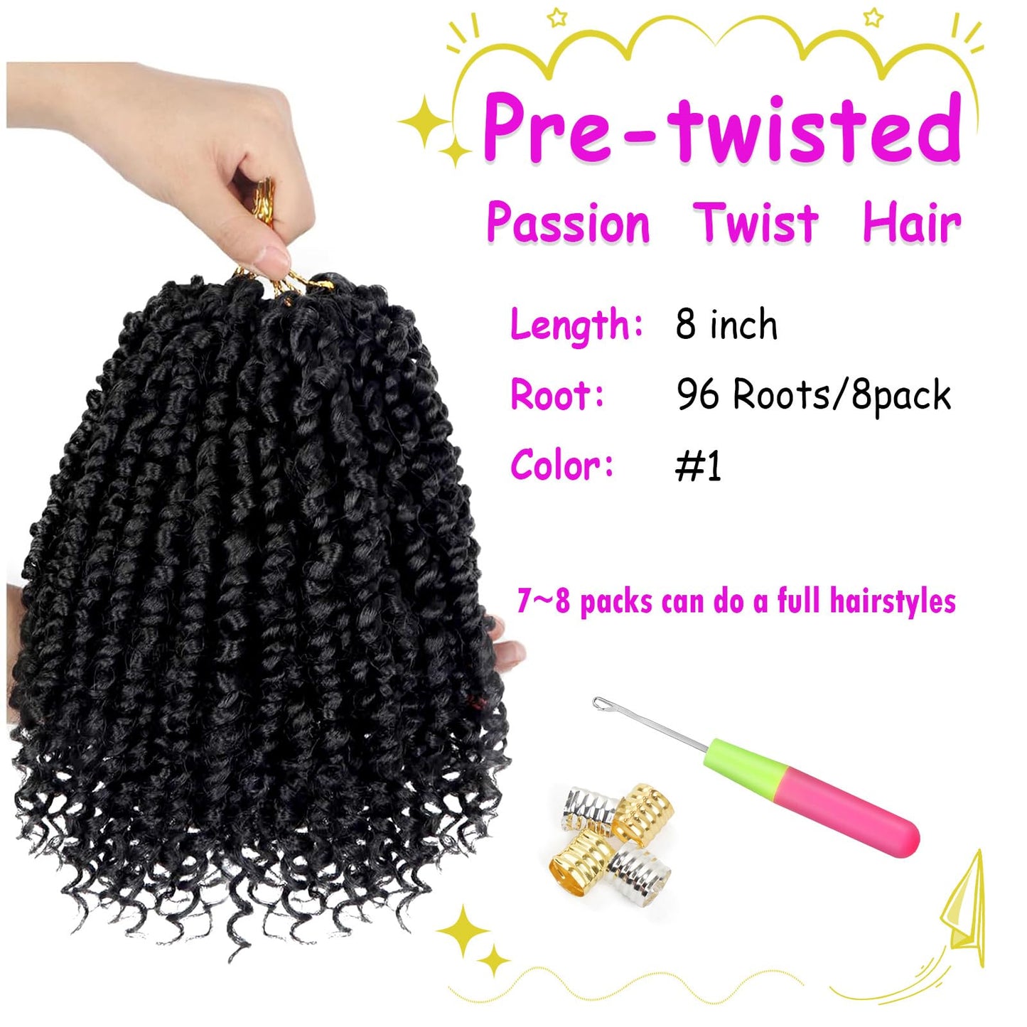Bileaf 8 Packs Passion Twist Crochet Hair for Women Pre Looped Passion Twist Hair 8 Inch, Pre-Twisted Crochet Passion Twists Bohemian Braiding Crochet Twist Hair for Kids Hair Extensions #1