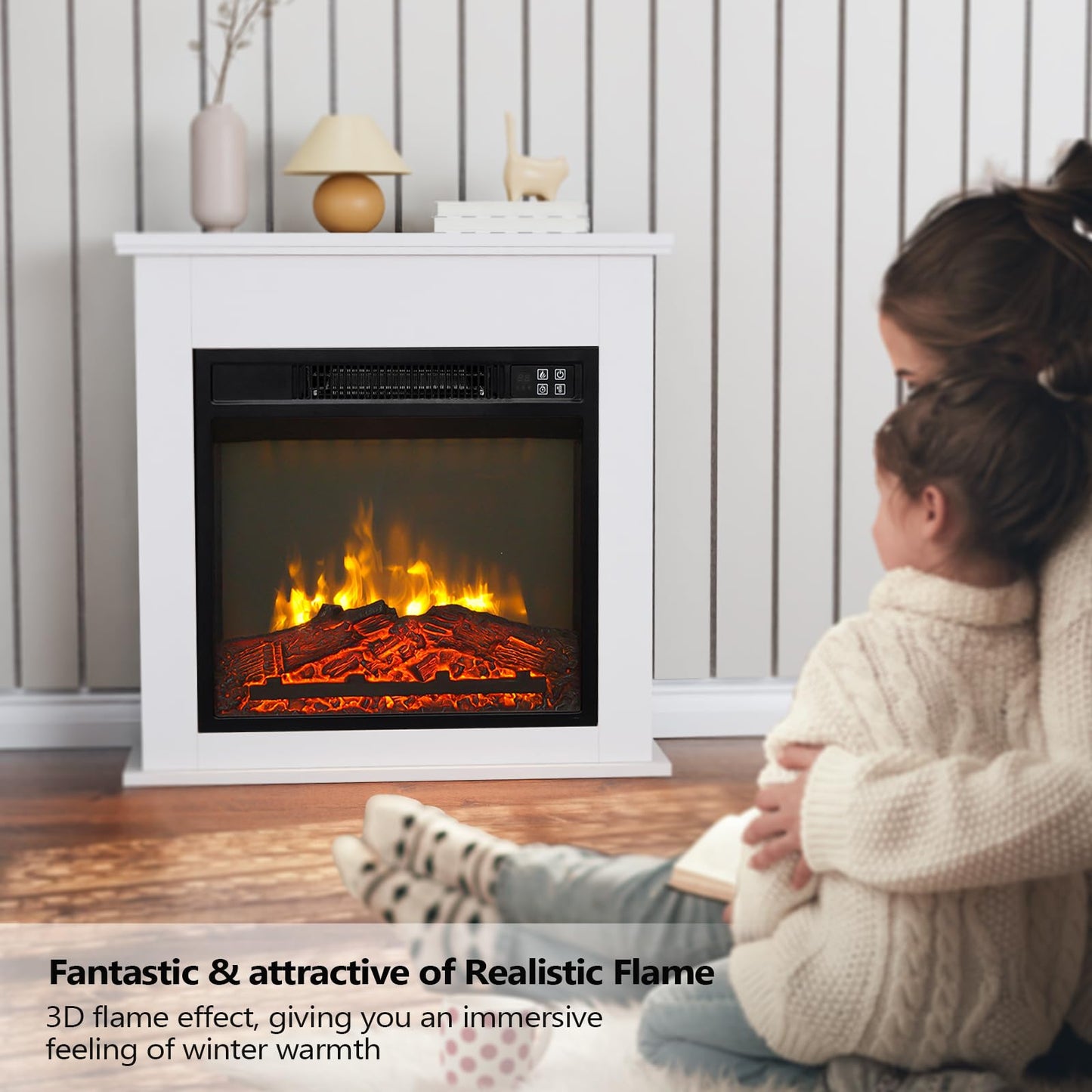 ROVSUN 25'' Electric Fireplace with Mantel, Freestanding Heater with Remote, Timer, Realistic Flame & Adjustable Temperature for Home Bedroom Living Room Indoor, 1400W