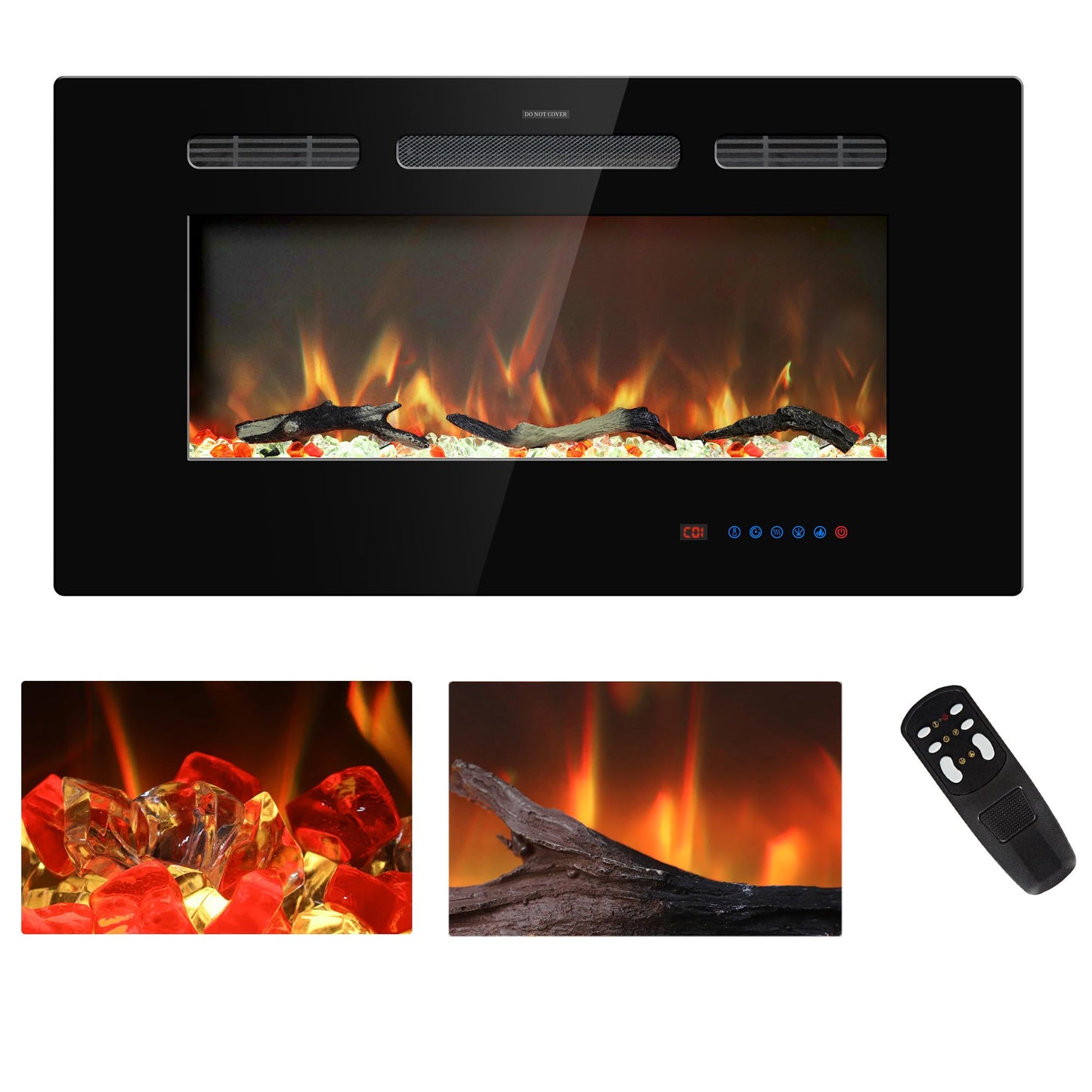 Kentsky 33 inches Electric Fireplace Inserts, Recessed and Wall Mounted Fireplace Heater, Linear Fireplace w/Thermostat, Remote & Touch Screen, Multicolor Flame, Timer, Log & Crystal, 750W/1500W