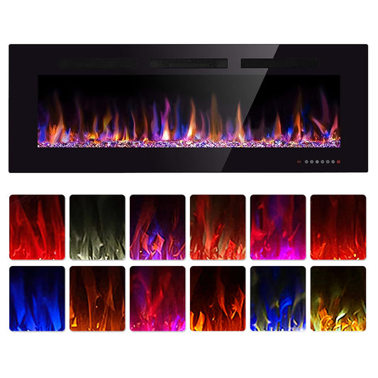 50" Electric Fireplace in-Wall Recessed and Wall Mounted 1500W Fireplace Heater and Linear Fireplace with Timer/Multicolor Flames/Touch Screen/Remote Control (Black)