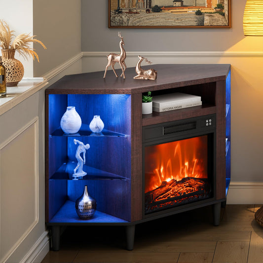 VEVOR Electric Fireplace TV Stand, Corner TV Stand for TVs up to 50", Corner Console with 18" Fireplace, Vintage Design, 20 LED Lights, Remote Control & Timer for Living Room, Brown