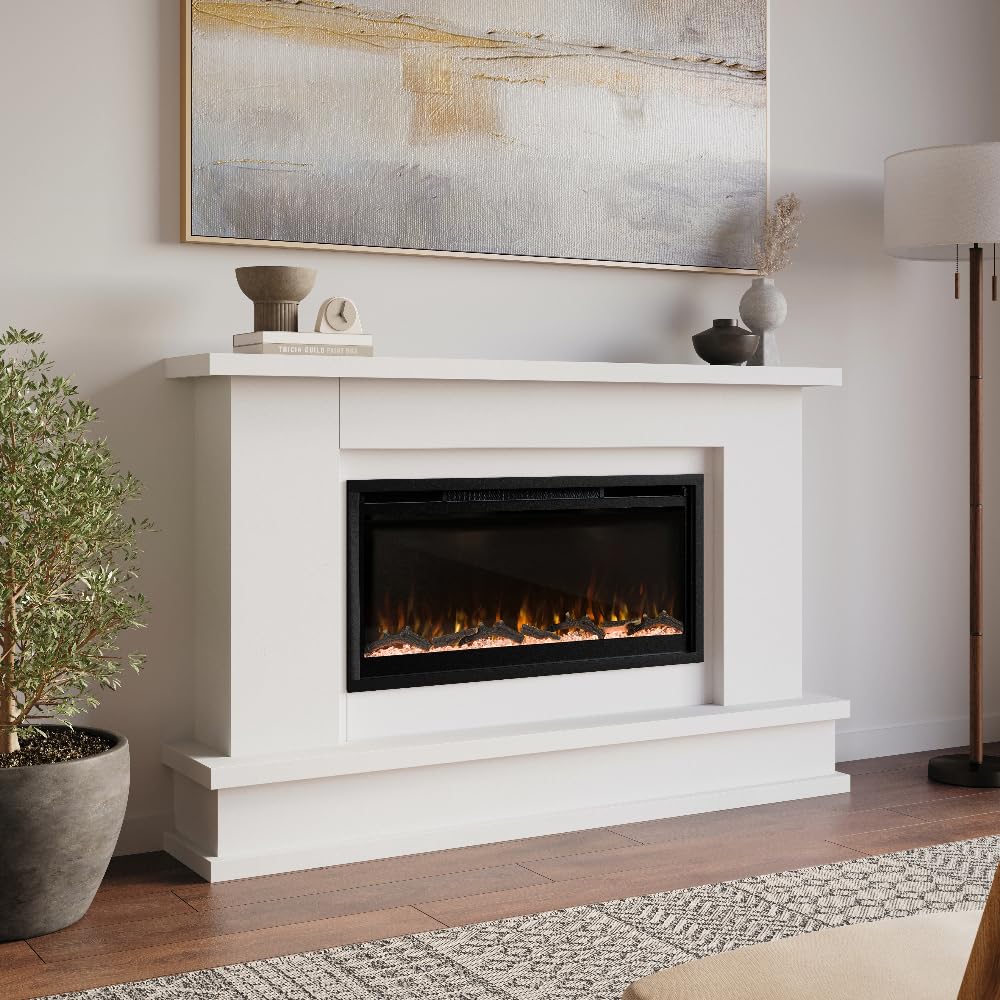 Modern Ember Patton White Mantel Package 64" W x 42" H with 42 Inch Electric Fireplace - 5 Flame Colors, 10 Ember Bed Colors, Log Kit & Crystal Embers | Alexa/WiFi Enabled
