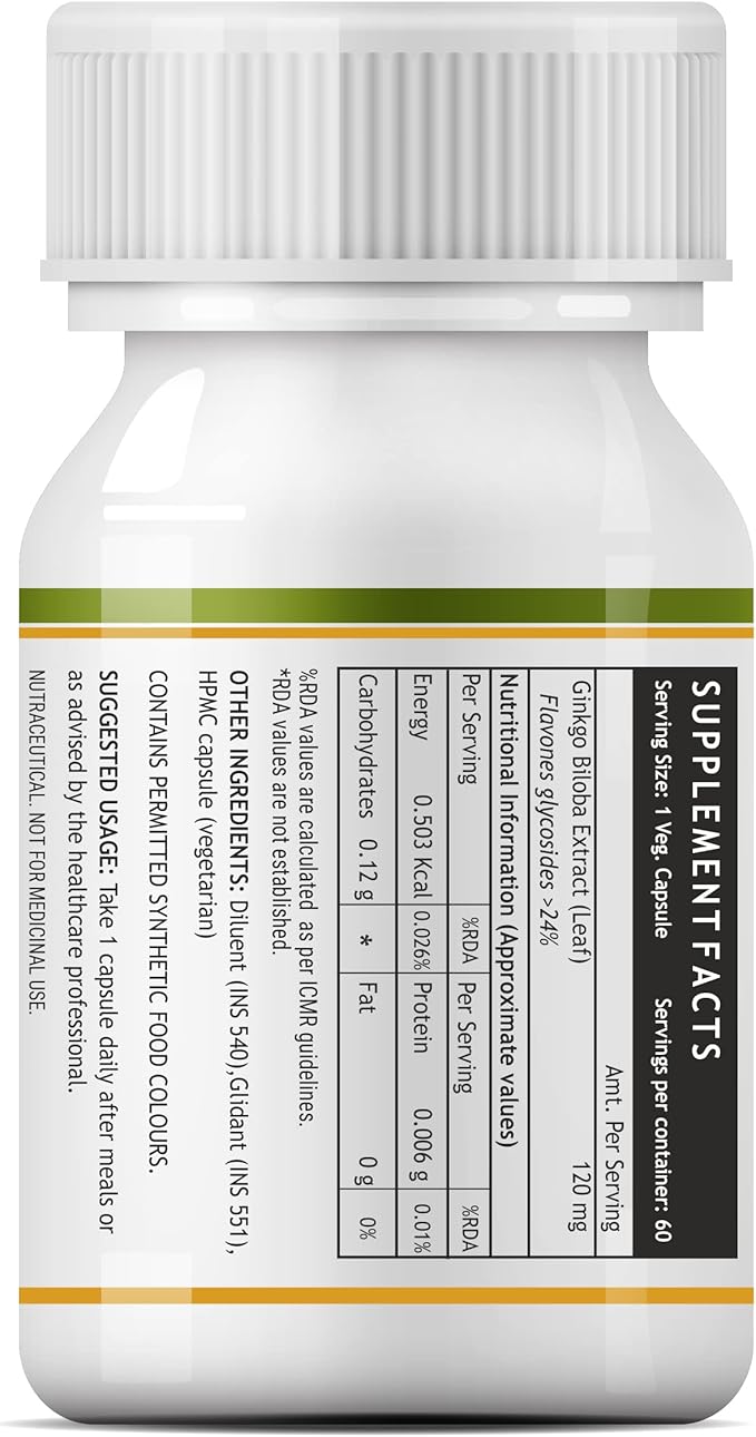 Ginkgo Biloba Extract Capsules 120mg | Herbal Supplement - 60 Vegetarian Capsules