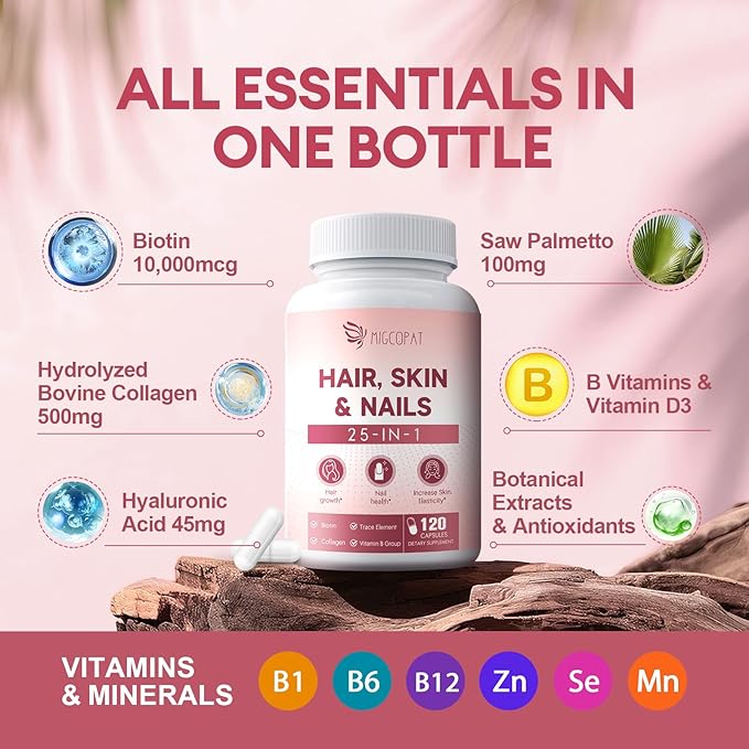 Biotin 10,000mcg | Collagen | Hyaluronic Acid | Vitamin B, C, D3, E, Folate, Iron, 25-in-1 Formula Hair, Skin & Nails Supplement, Hair Growth Support, Skin & Nails Complex for Women