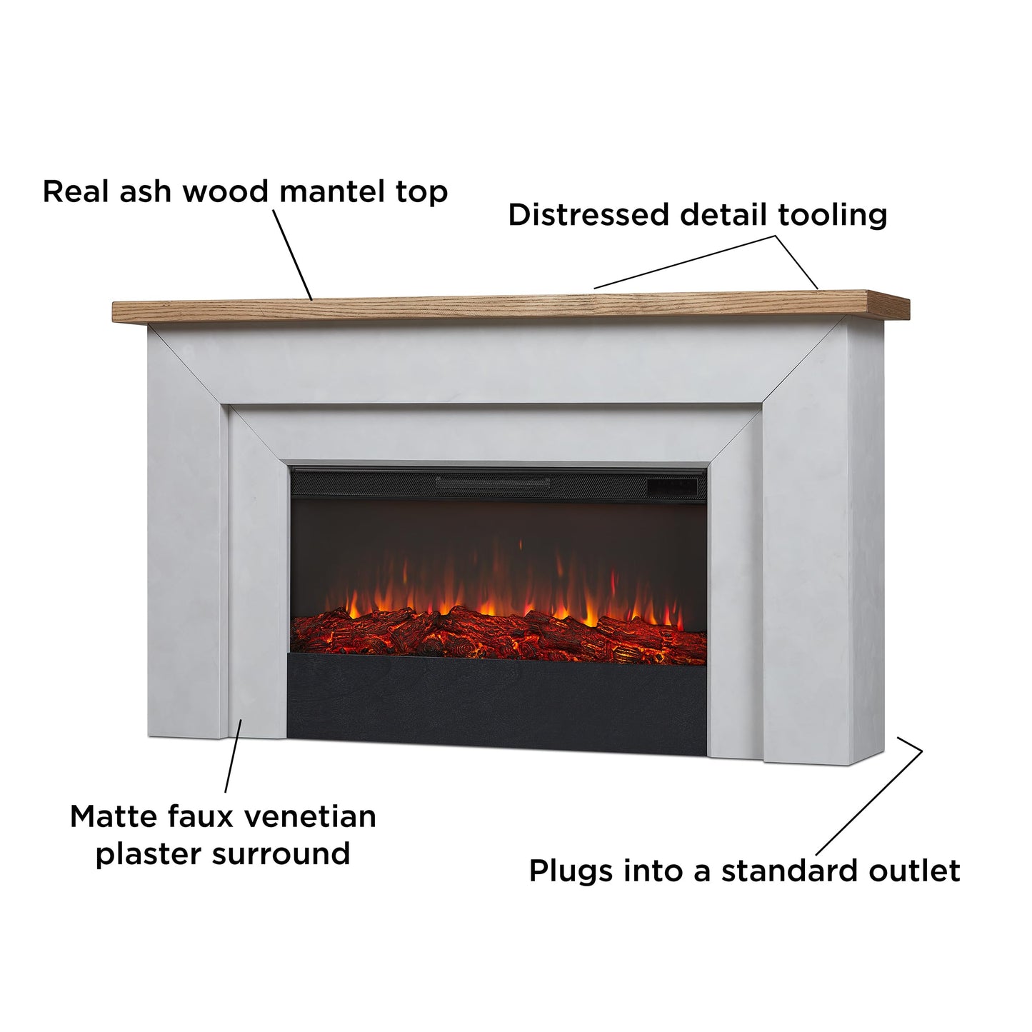 Real Flame Malie 68" Landscape Electric Fireplace with Mantel for Living Room or Bedroom, Replaceable Fireplace Insert Heater, Realistic Log and Flame Effect, Remote Control, Timer