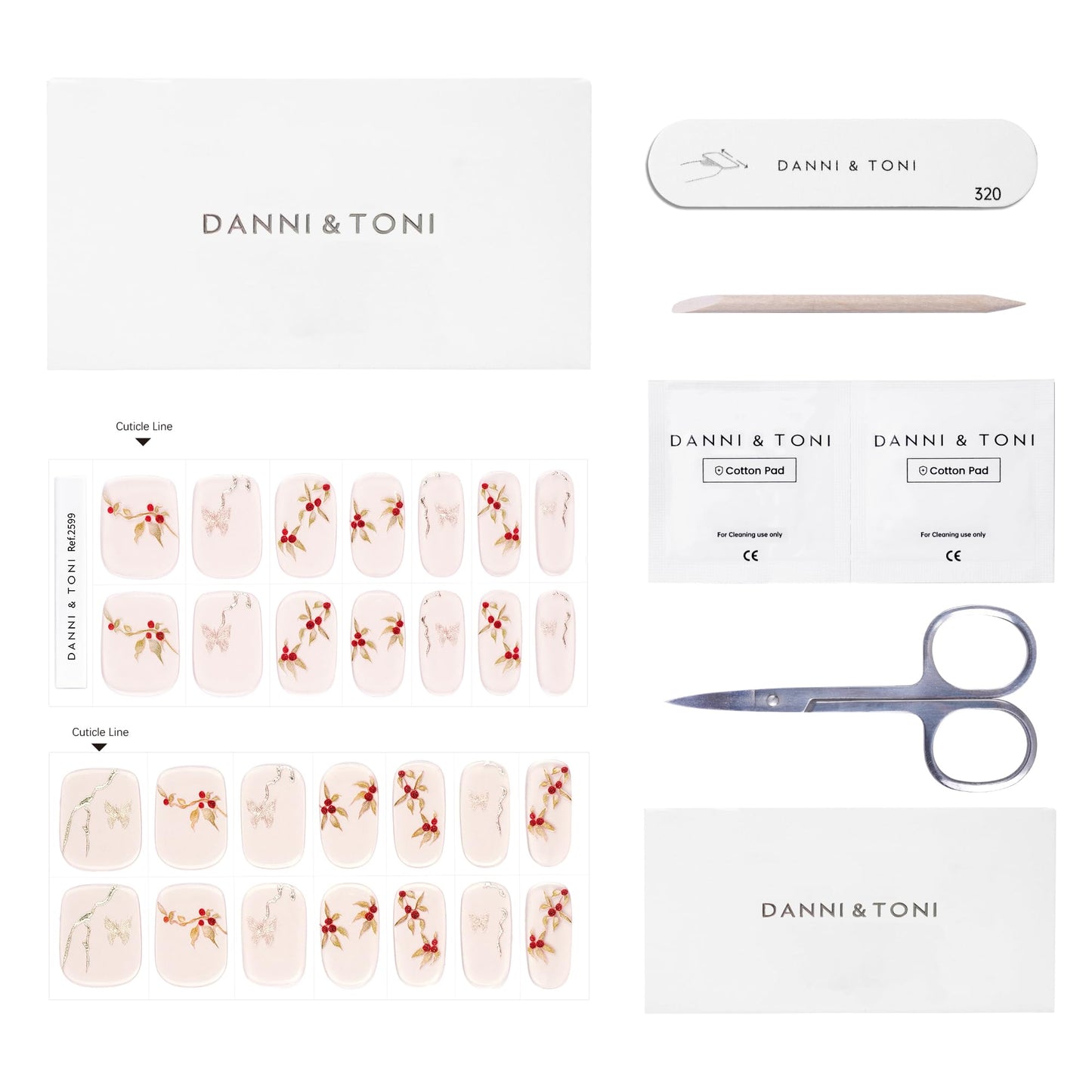DANNI & TONI Semi Cured Gel Nail Strips Rose Hip (Blossom) Golden Butterfly Gel Nail Wraps UV Led Nails 28 Stickers Gift for Women