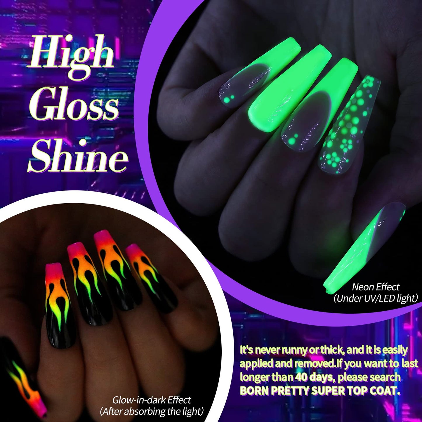 Born Pretty Neon Gel Nail Polish Luminous Glow in Dark Gel Polish Neon Gel Nail Polish Set Fluorescent Gel Polish Orange Hot Pink Blue Yellow Green Purple Vibrant Spring Summer Gel Polish 7ML
