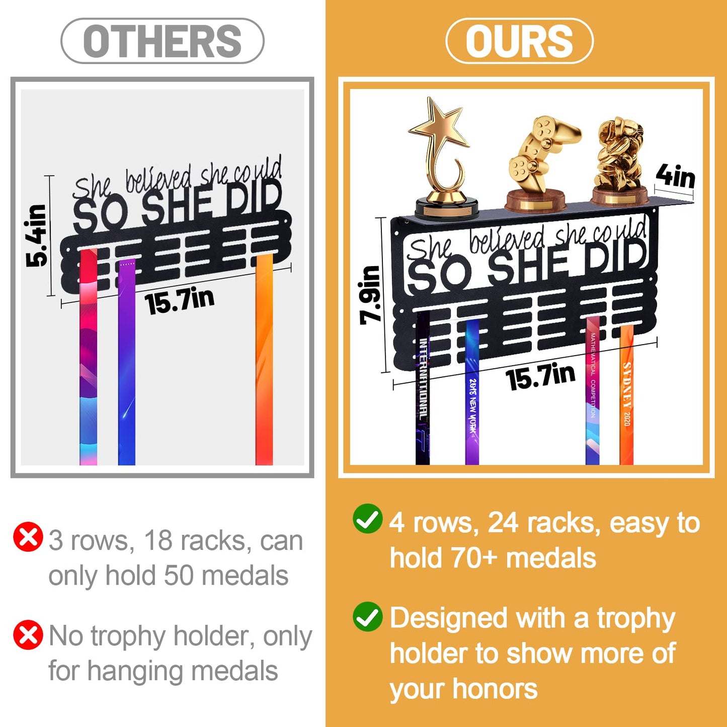 Biggun Metal Trophy and Medal Display Shelf- Easy to Install Medal Hanger Display with Trophy Shelf Medal Holder for Over 70 Running Race Wrestling Medals