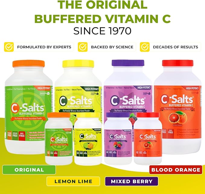 C-Salts Original Vitamin C Powder Supplement - 100% Pure High Dose Buffered Vitamin C Powder for Immune Support - Sugar-Free Powdered Drink Ascorbate, Organic, Stomach-Friendly, Lemon Lime 8oz