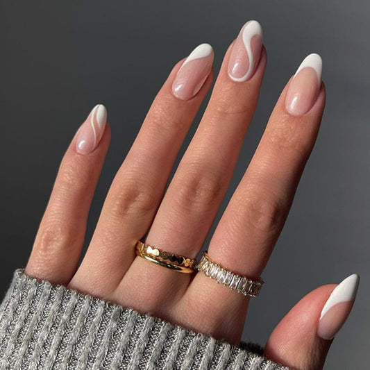 White French Tip Medium Almond Nude False Nails Press Ons with Swirl Wave Line Designs - Glossy Full Cover Glue on Nails Acrylic Stick Ons for Women Manicure - 24Pcs