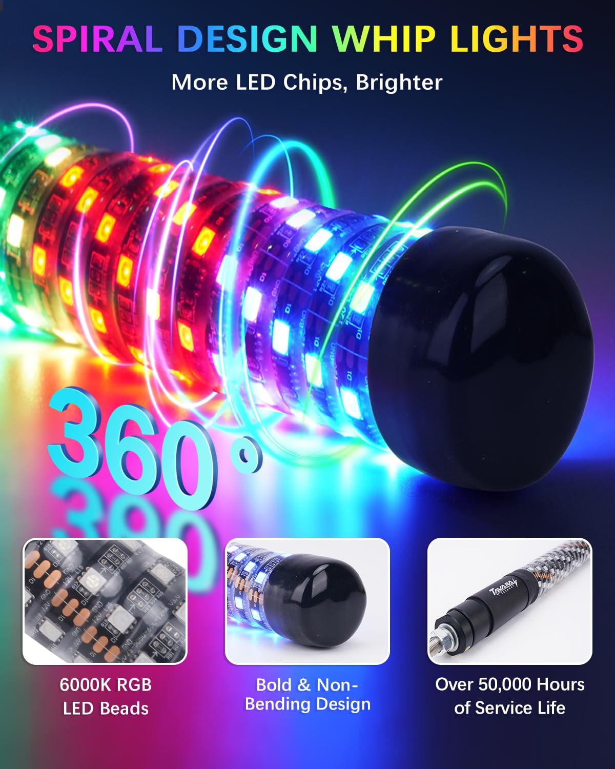 Tavaray 2PCS 3FT Fat Whip Lights – Spiral RGB Chasing Lighted Antenna Whips with Flag, Whip Lights for Side by Side UTV ATV RZR Can-Am X3, with App/Remote Control, Turn Signal & Rocker Switch