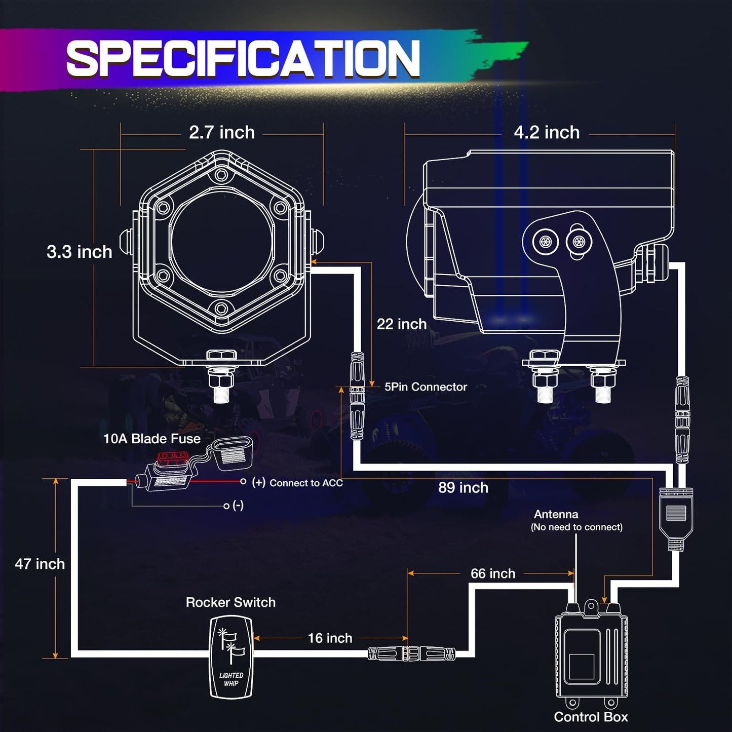 Whip Lights for Side by Side, Niking Auto 2Pcs Whipless LED Whip Lights with Switch & Remote RGB Chase Pods Antenna Lighted Whip Kits for Polaris RZR Can-Am ATV UTV Dune Buggy Trucks Kawasaki