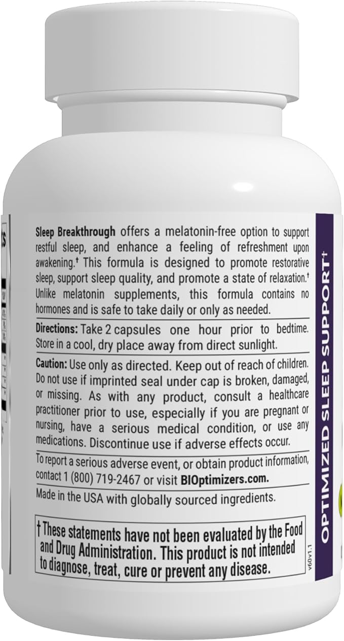 BIOptimizers Sleep Breakthrough Capsules - Natural Support Supplement | Calming Relief Aid for Adults | Non-Habit Forming | 60 Capsules