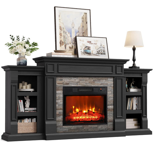 Naice 72" Electric Fireplace with Mantel and Cabinets, Fireplace TV Stand for Living Room Bedroom, Stacked Stone Surround and Remote Control 3D Realistic Flame, Black