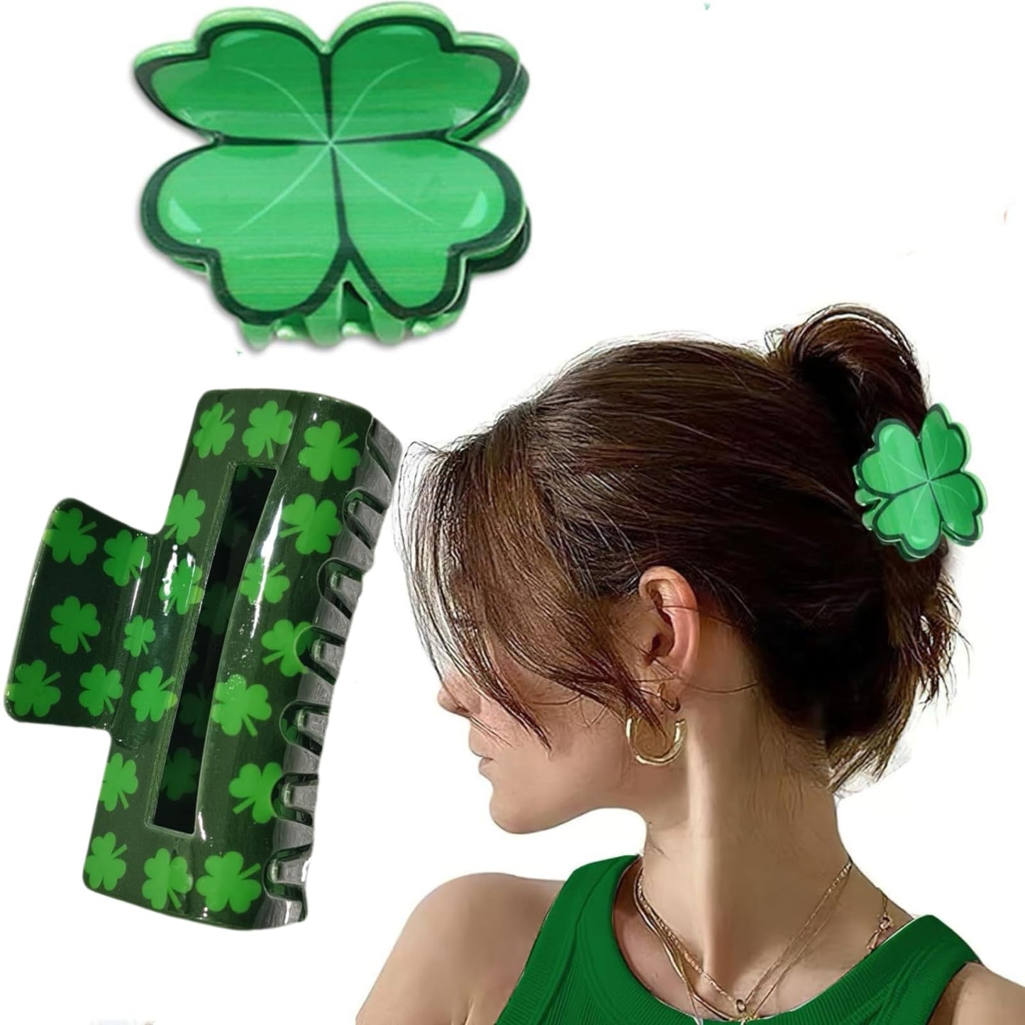 2pack St. Patrick's Day Green Shamrock Hair Claw Clips for Women Girls,Irish Lucky Clover Hair Jaw Barrettes,Holiday Party Favor Gift Decor Accessories