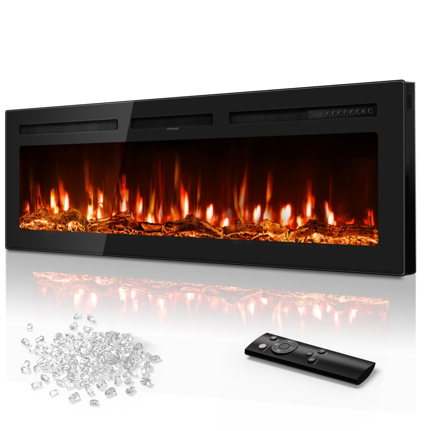 60 Inch Electric Fireplace in-Wall Recessed and Wall Mounted, Ultra-Thin Linear Fireplace Heater 750/1500W with Realistic Flame, Higher Temperatures & Lower Noise, Log Set & Crystal Options