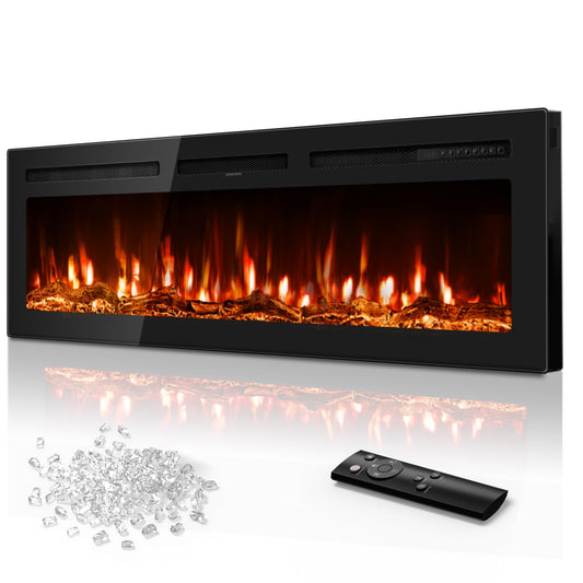 60 Inch Electric Fireplace in-Wall Recessed and Wall Mounted, Ultra-Thin Linear Fireplace Heater 750/1500W with Realistic Flame, Higher Temperatures & Lower Noise, Log Set & Crystal Options