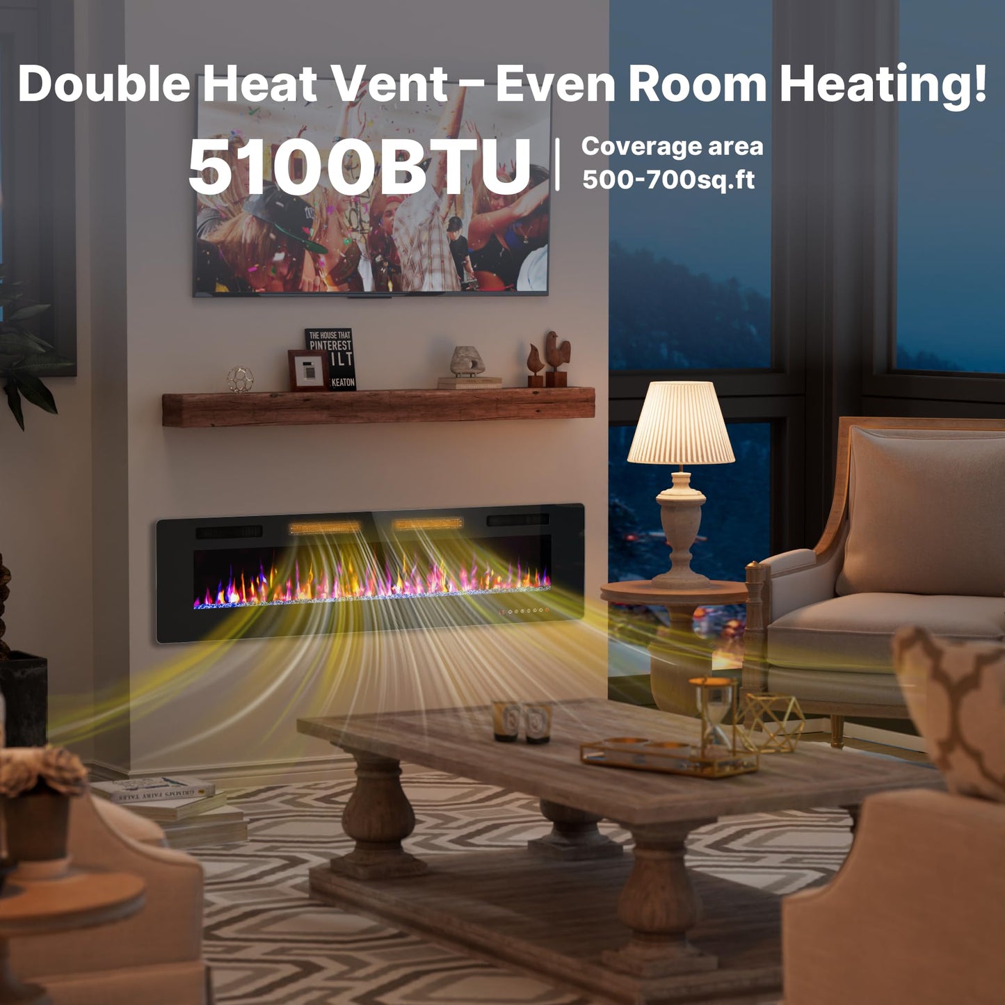 BREEZEHEAT 60" Ultra Thin Electric Fireplace Insert-ETL Certified, Recessed/Wall Mount, 3D Flame with Crystal, Remote & Touch, 750W/1500W (700 Sq.Ft), 8H Timer