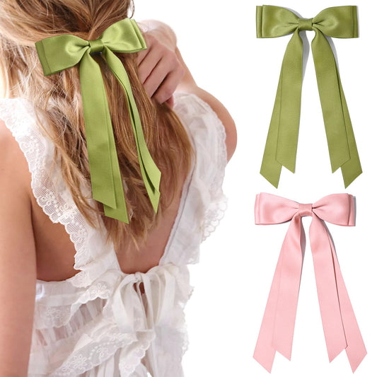 2Pcs Silky Satin Hair Bows Hair Clip Pink Green Hair Ribbon Ponytail Holder Accessories Slides Metal Clips Hair Bow For Women Gi