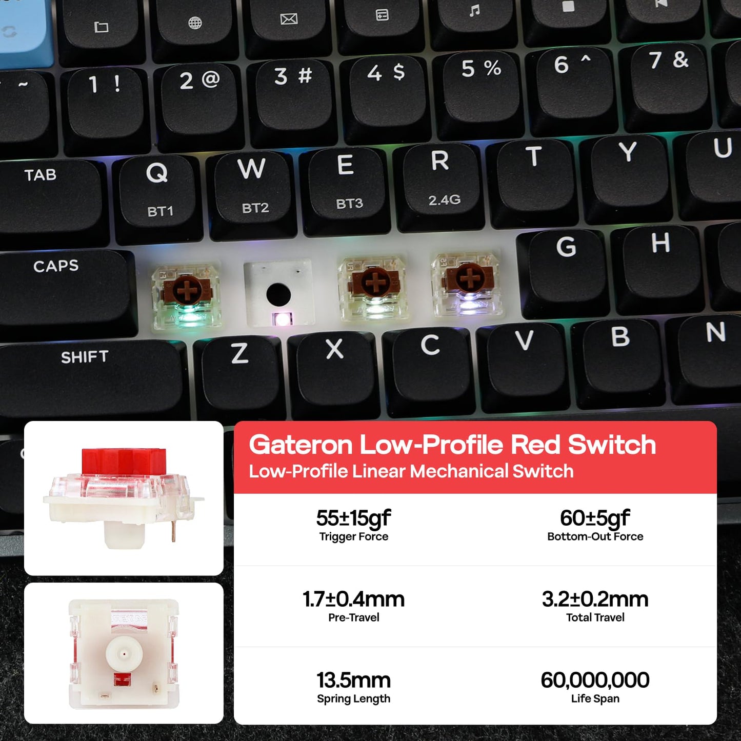 EPOMAKER Luma84 Low Profile Aluminum Mechanical Keyboard, QMK/VIA Programmable, Tri-Mode Wireless, Win/MAC/Linux Compatible, RGB Backlight (Black&Blue, Gateron Low-Profile Red Switch)