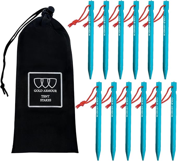 Gold Armour Tent Stakes - 12 Pack Heavy Duty, Lightweight, Camping Stakes Pegs for Outdoor Tent and Tarp, Essential Camping Gear Equipment Accessories (Blue)