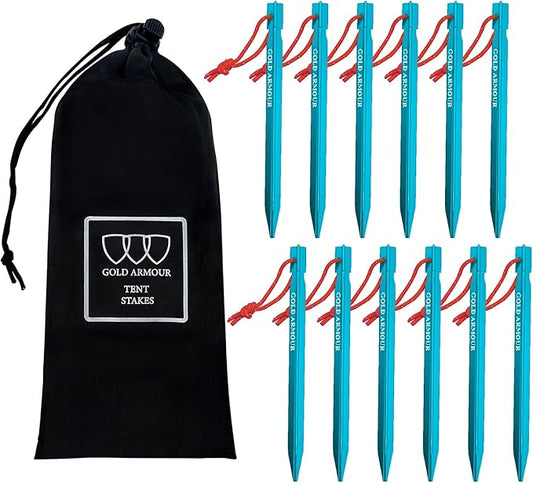 Gold Armour Tent Stakes - 12 Pack Heavy Duty, Lightweight, Camping Stakes Pegs for Outdoor Tent and Tarp, Essential Camping Gear Equipment Accessories (Blue)